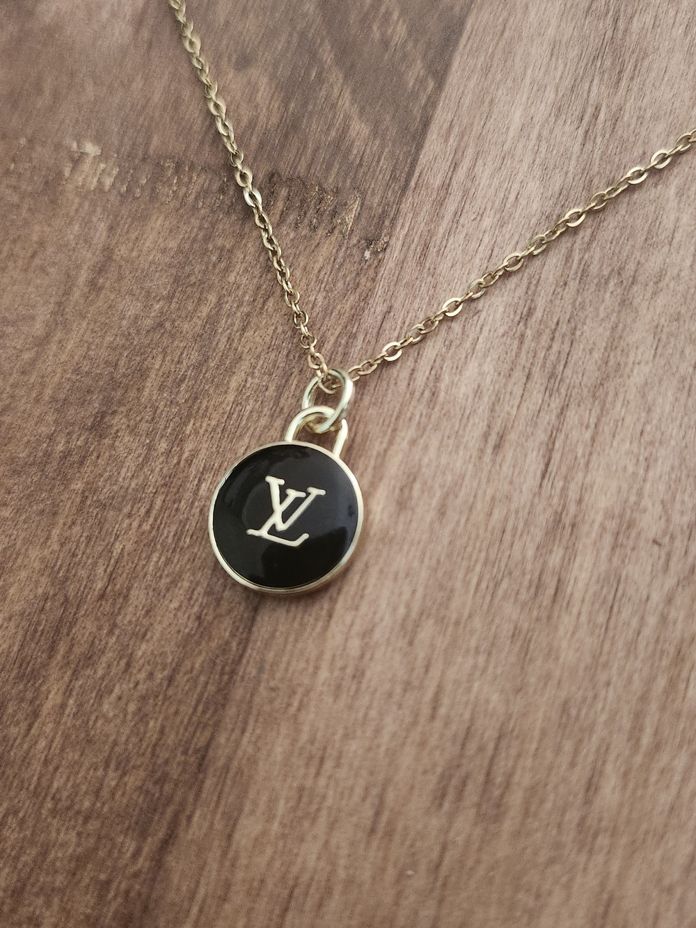 Upcycled Louis Vuitton Black Enamel Disc Pendant Necklace - Gold Tone